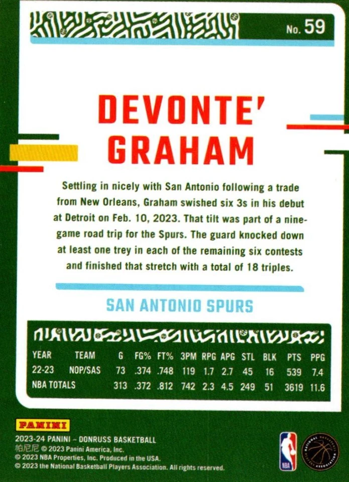 2023-24 Donruss Devonte' Graham San Antonio Spurs #59 - Image 2 of 2