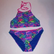 Joe Boxer Bikini Swim Set Top & Bottom Blue Cassette Tapes Throwback New
