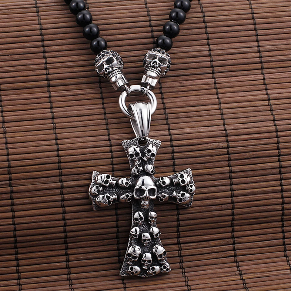 Juego de collar colgante de acero inoxidable con cruz de calavera de cuentas de ónix negro para hombre 19" Foto 3 de 4