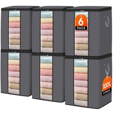 6 Pack 100L Clothes Storage Foldable Thick Fabric Blanket Bags Comforter Grey