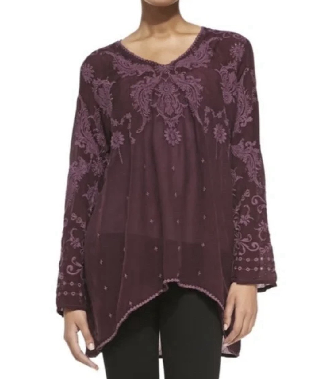 Johnny Was Purple Embroidered V-Neck Tunic, Long Sleeve, Bohemian, Size M