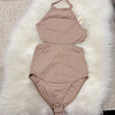 Forever 21 Womens Ribbed Knit Halter Bodysuit Coffee Tan Side Cutouts Size M NEW