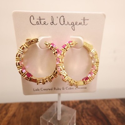 Cote d'Argent earrings pink crystal hoops inside-out lab-created rubies CZ 925