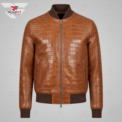 Luxury Crocodile Embossed Leather Bomber Jacket Tan Brown Genuine Leather Jacket