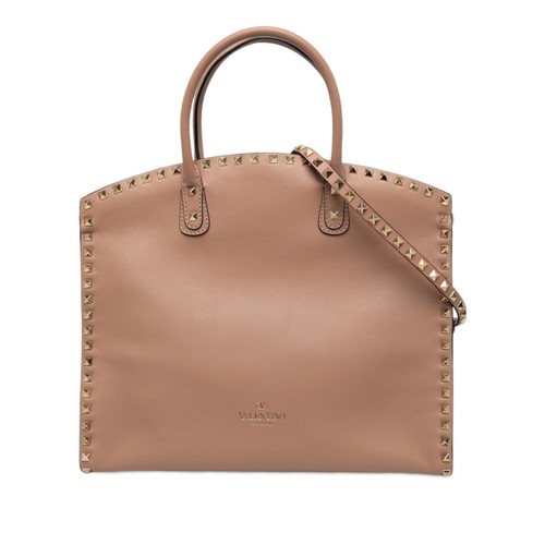 Valentino Leather Rockstud Dome Shopper Satchel Pre-Loved Nude