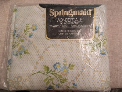 Vintage Springmaid Wondercale Claremont Double Fitted Flat Sheet Set Blue Floral