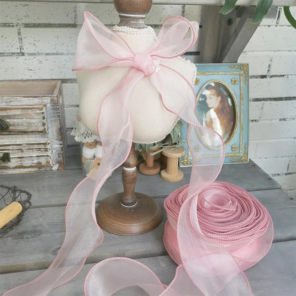 38 Yards 2 Inch Pink Sheer Ribbon Wired Transparent Organza Ribbon Sweet Rose Cl - Image 2 of 4