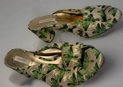 Casadei Made Italy Green Gold Floral Brocade Jacquard Mule Heels EU 37 VGC