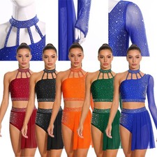 Womens Dancewear Rhinestone Dress Dance Outfit Mesh Latin Contemporary Hem Back