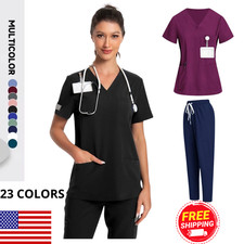 Unisex Scrub Set Blue V-Neck Short Sleeve Top Straight Leg Pants Nursing Uniform