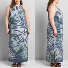 Lane Bryant Maxi Dress Blue Tie Dye Halter Neck Plus Size 18/20 Spandex Knit