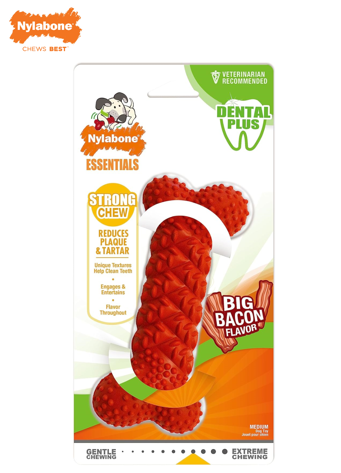 NYLABONE ESSENTIALS DENTAL PLUS STRONG RUBBER DOG CHEW TOY BACON FLAVOUR MEDIUM