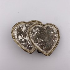 Vtg Montana Silversmiths Double Heart Western Belt Buckle Silver Plate Gold Trim