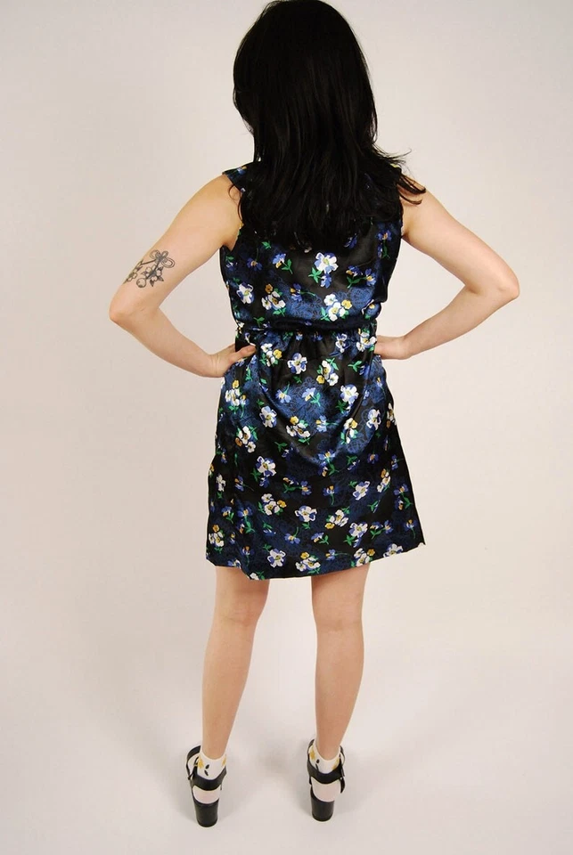 60s Floral Dress (M) vintage black peter pan collar medium sheath pencil mod - Image 4 of 4