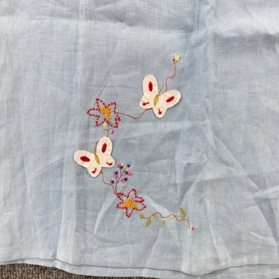 Sisley 亚麻裙女式 12 蓝色 A 字蝴蝶刺绣波西米亚 Modest 90 年代 — 第 3/4 张图片