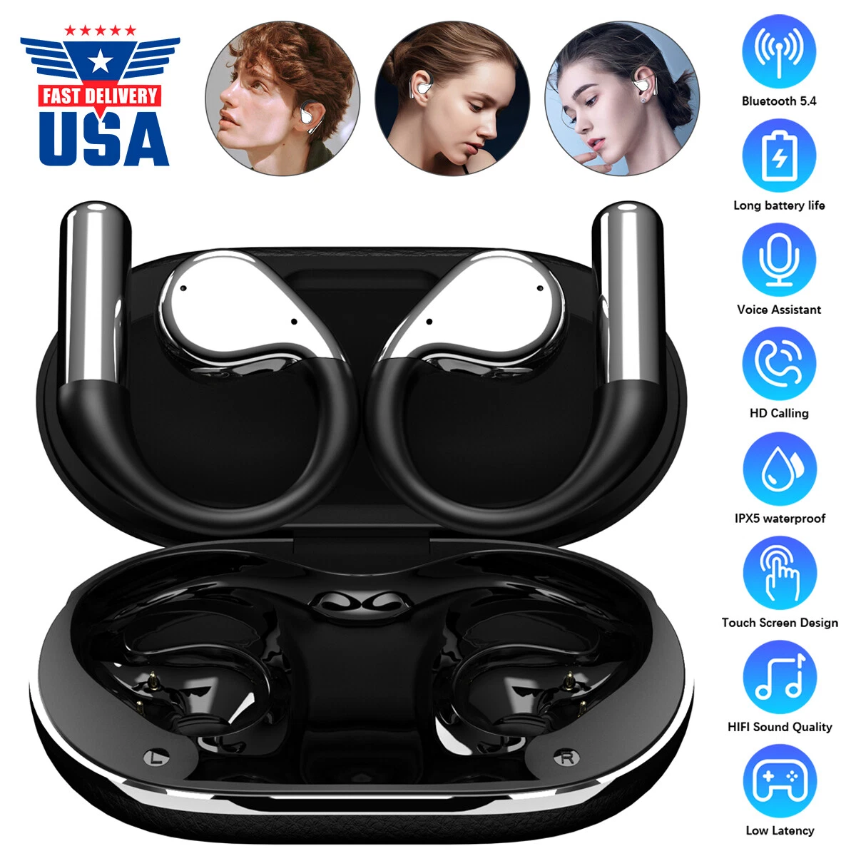 Over The Ear Earbuds Earhook True Wireless Open Earphones Bluetooth 5.4 New_voghion.com
