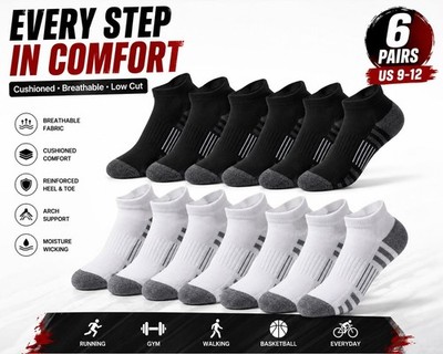 6 Pairs Athletic Ankle Socks Breathable Cushioned Low Cut Sports Socks US 9-12