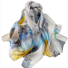 100% Silk large Scarf Women neckerchief Shawl Wrap striped yellow gray HD118-71