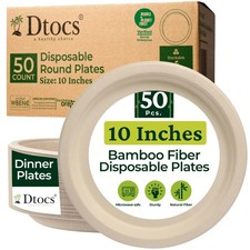 Dtocs Bamboo Disposable Plates 10 Inch 50 Pack Heavy Duty Compostable Dinne...