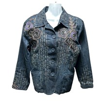 Chico  s 2 Women  s Large 12 Jacket Blue Denim Floral Beaded Embroidered Lined