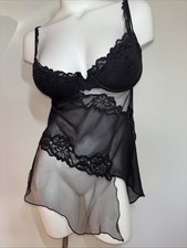 Vintage Y2K Victoria s Secret Sheer Mesh Silk Lace Asym Babydoll 36C Black