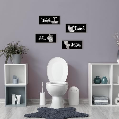 4 Pcs Bathroom Decor Funny And Black Wall Art Wooden 10 X 4 Inch Silver
