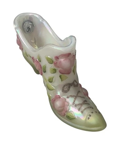 Fenton Glass 95th Anniversary Vintage Opalescent Burmese Embossed Roses Shoe