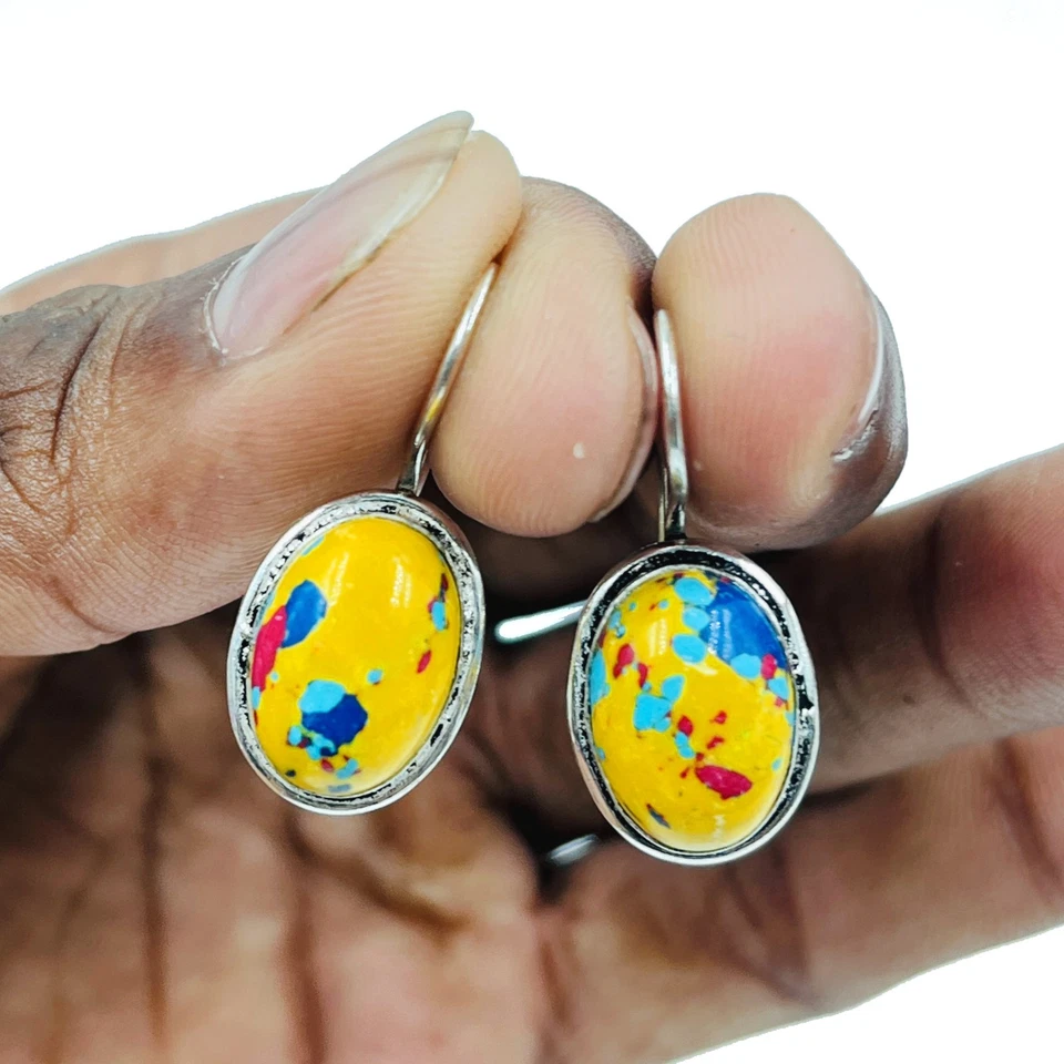 Pendientes colgantes de plata de ley 925 con mosaico natural de jaspe piedras preciosas Foto 2 de 4