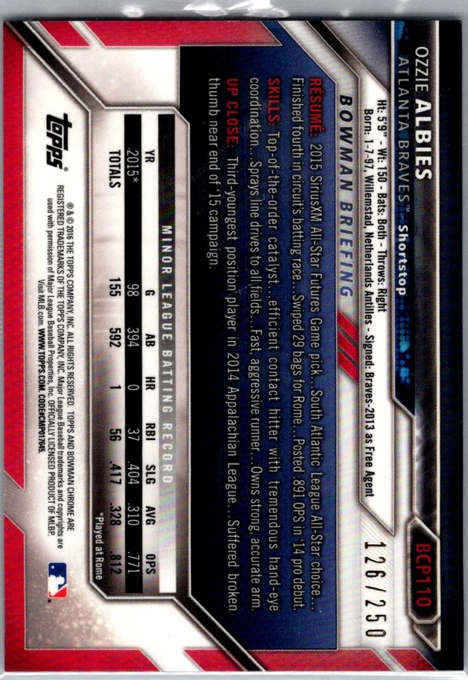 2016 Bowman Chrome Ozzie Albies Purple Refractor /250 Atlanta Braves #BCP110 - Image 2 of 2