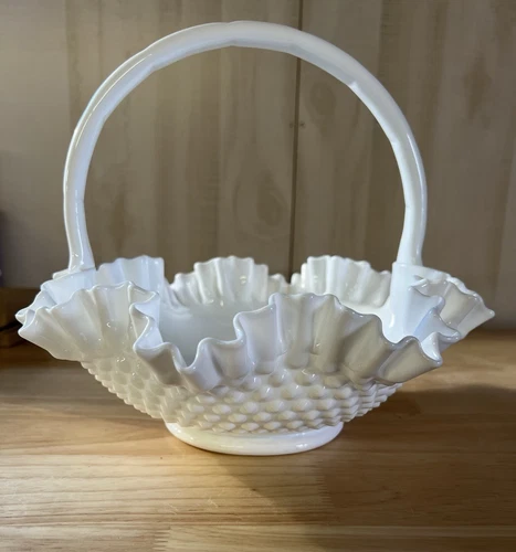 Vintage Large Fenton Milk Glass Hobnail Ruffled Edge Basket With Handle