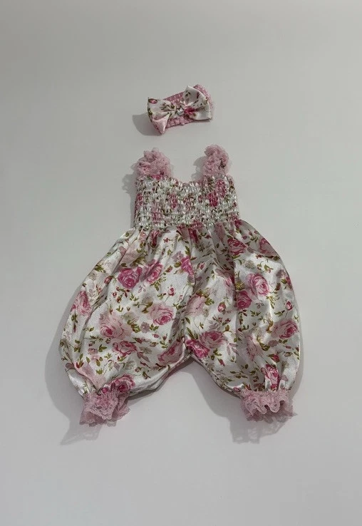 Mamelucos florales satinados para bebé mono y diadema con lazo niño pequeño 9-12 meses Foto 2 de 3