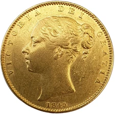 1845 Queen Victoria Shield Reverse Sovereign - '1 over 1' in date