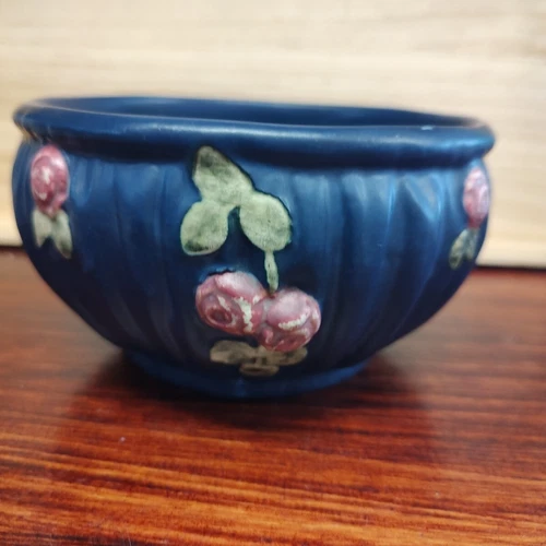 Antique Weller Pottery Blue Drapery Line c 1920s Round 5.5" Planter/Bowl