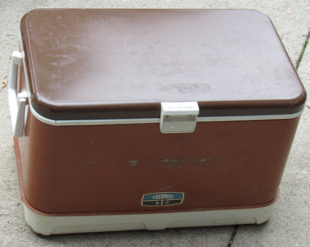 Vintage 1970s Thermos Metal Ice Chest Cooler Brown & Copper Orange