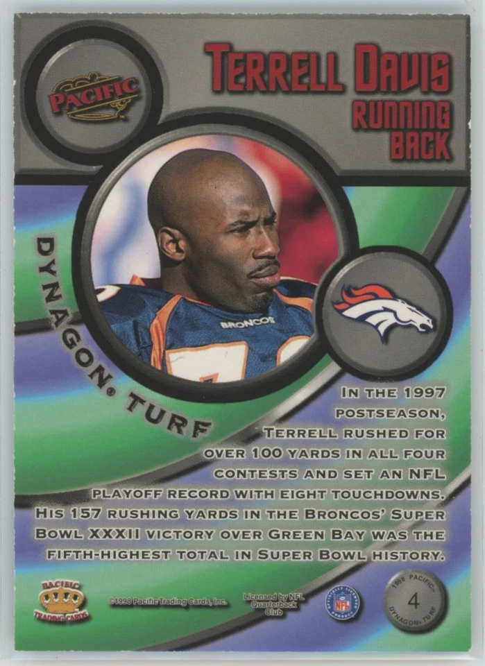 1998 Pacific Dynagon Turf Terrell Davis Denver Broncos #4 - Image 2 of 2