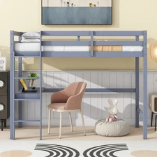 Twin Size Loft Bed Frame Wood Twin Size Bed Frame w/ Desk for Bedroom Gray