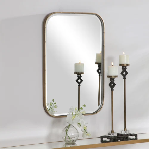 Minimalist Gold Metal Bamboo Wall Mirror Vanity Round Edge Rectangle Asian - Picture 5 of 8