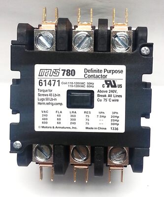 MARS 61471 Contactor 120V 60 Amp 3-Pole Definite Purpose MARS 780