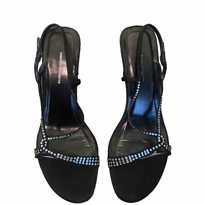Valerie Stevens Heels  Women s 7  1/2 Black Strappy Leather Sole Fancy Rhinstone