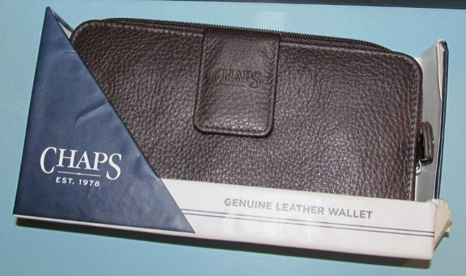 CHAPS Womens Brown Leather Clutch Snap Closure Organizer Checkbook /Wallet NEW