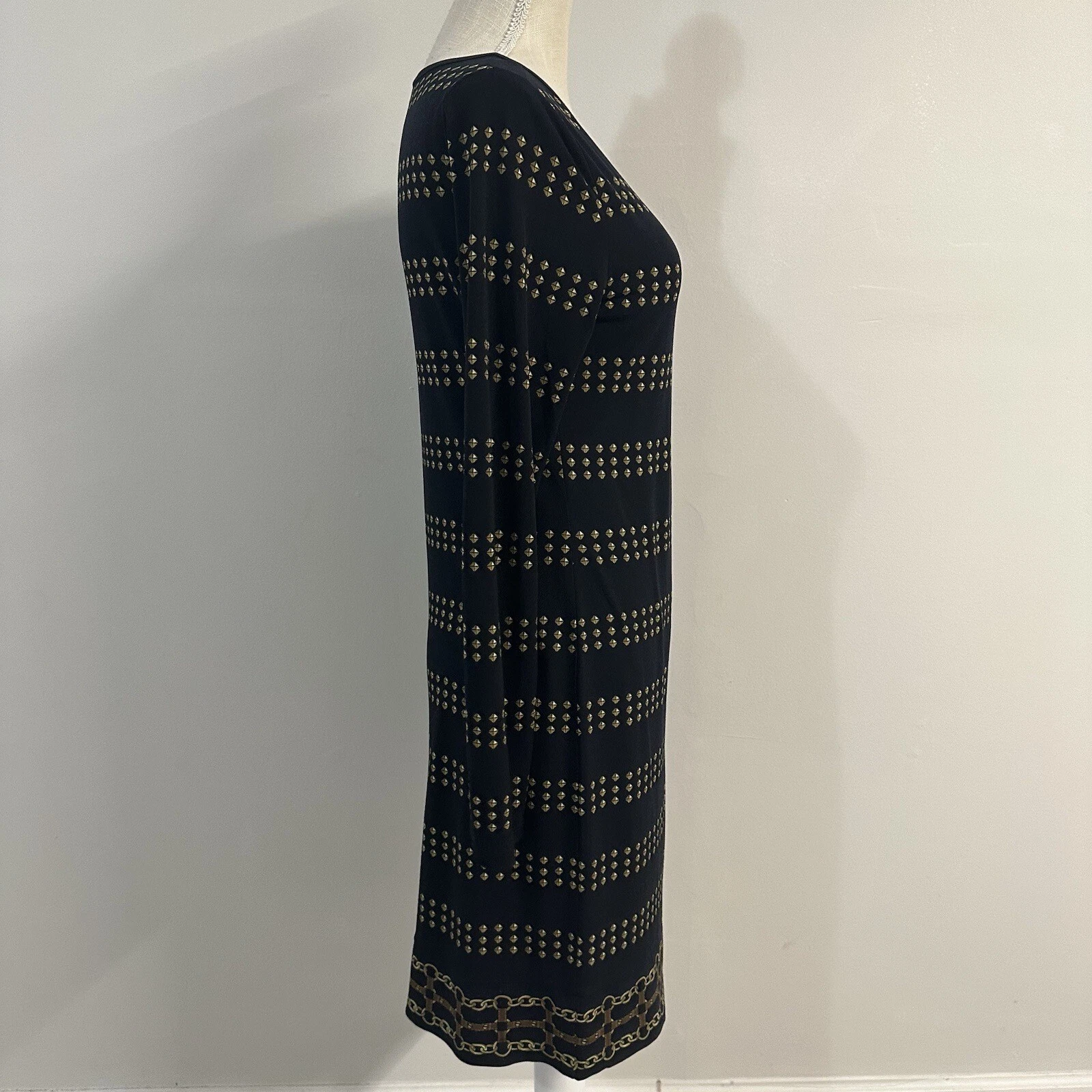 Abito tunica Michael Kors nero oro motivo geometrico piccolo manica lunga elasticizzato