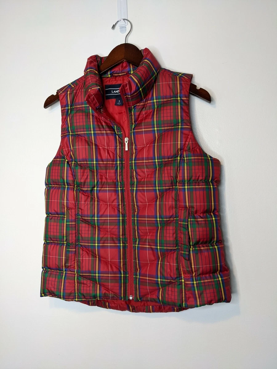 Lands End Plaid Green and Red Checkered Down Filled Puffer Vest Women s Sz S