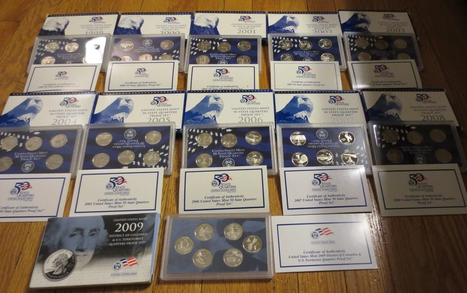 1999 to 2009 Proof Quarter Sets 11 Sets 56 State Quarters U.S. Mint Box & Coa. - Image 2 of 4
