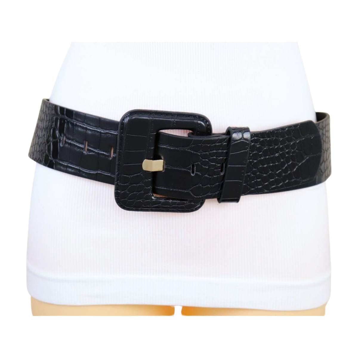 Women Black Wide Faux Leather Animal Skin Cocktail Party Belt