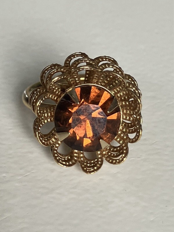 Vintage Sarah Coventry Marigold Ring Goldtone Dark Topaz Rhinestone Sz 6