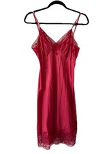 Vintage 90  s Red Satin Lace Slip Dress Midi Lingerie Nightgown Small Romantic
