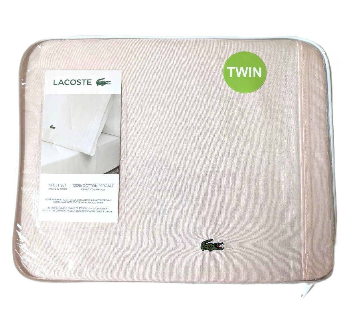 Lacoste 100% Cotton Percale Sheet Set Twin Iced Pink Solid Bedding NEW thumbnail 2