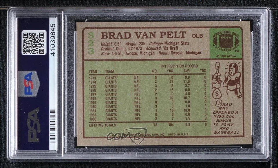 1984 Topps Brad Van Pelt #323 PSA 8 - Image 2 of 2