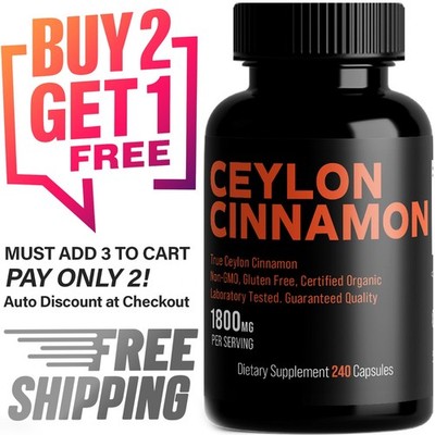 Organic Ceylon Cinnamon 1800mg - 240 Capsules | Extra Strength | Non-GMO | USA