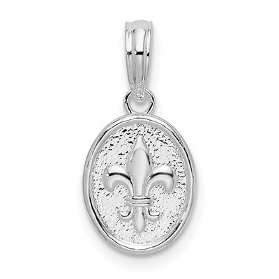 Sterling Silver Rhodium Polished Textured Fleur de Lis Small Oval Pendant 0.63 g